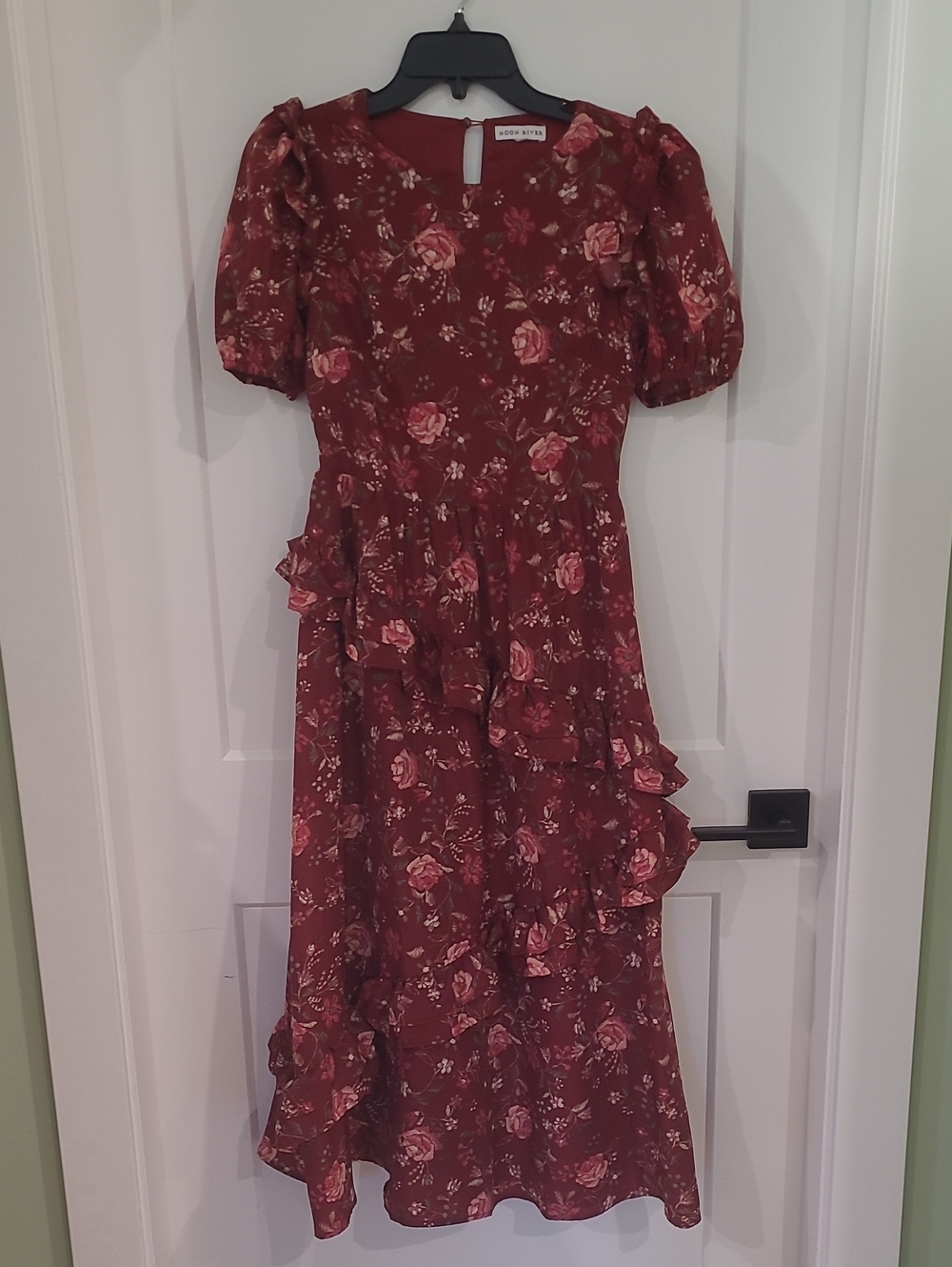 Moon River Burgundy Rose Print Ruffle Midi Maxi Dress
